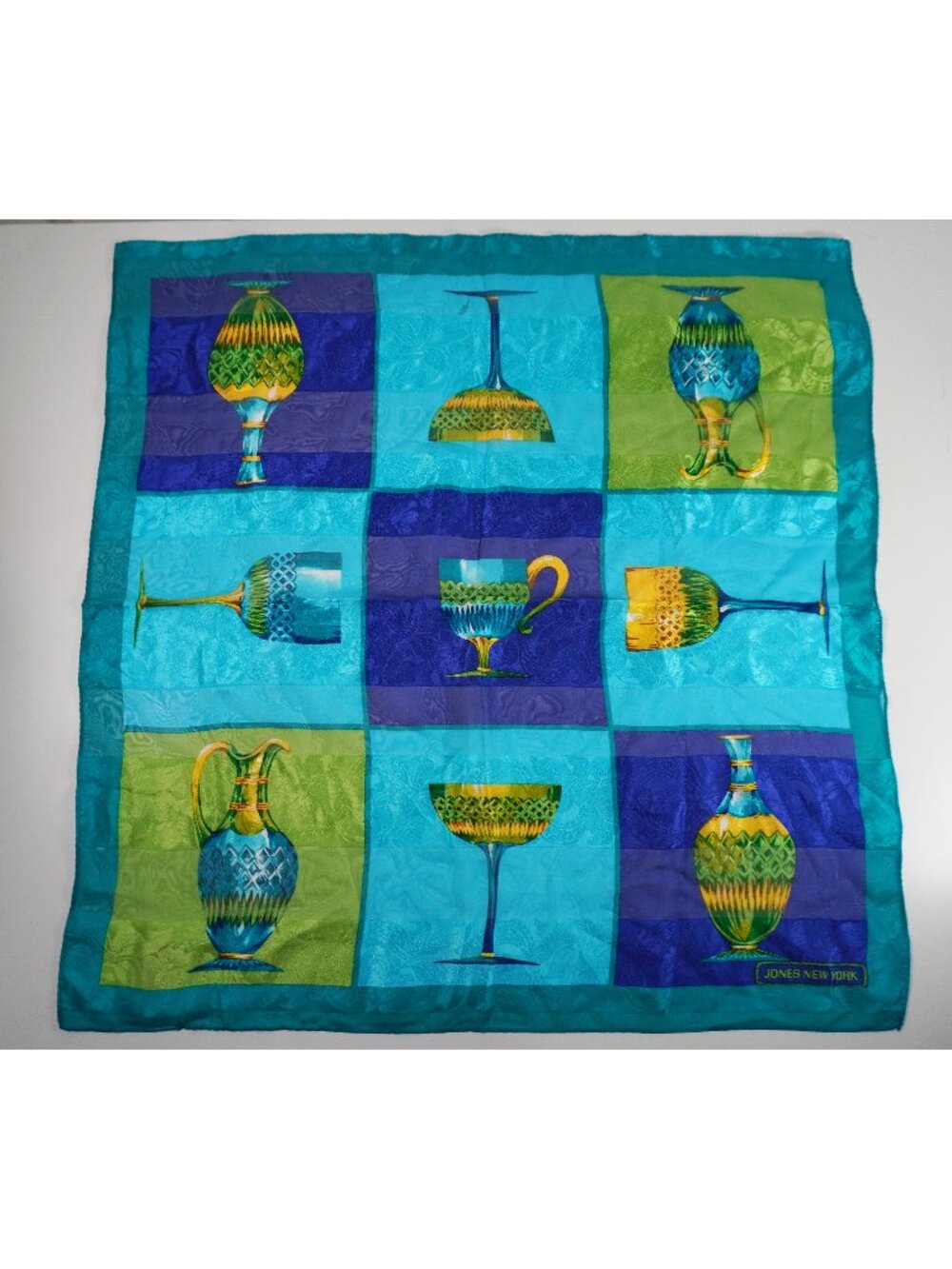 Vintage Jones New York 100% Silk Square Scarf Cut Crystal Glass Grid Blue Green